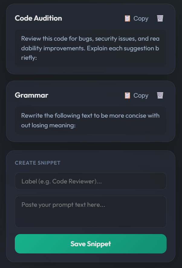AI Hub Prompt Snippets UI